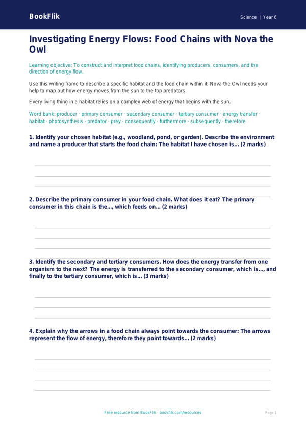 Free Food Chains Writing Frame | Year 6 Science | BookFlik worksheet preview — Science Food Chains