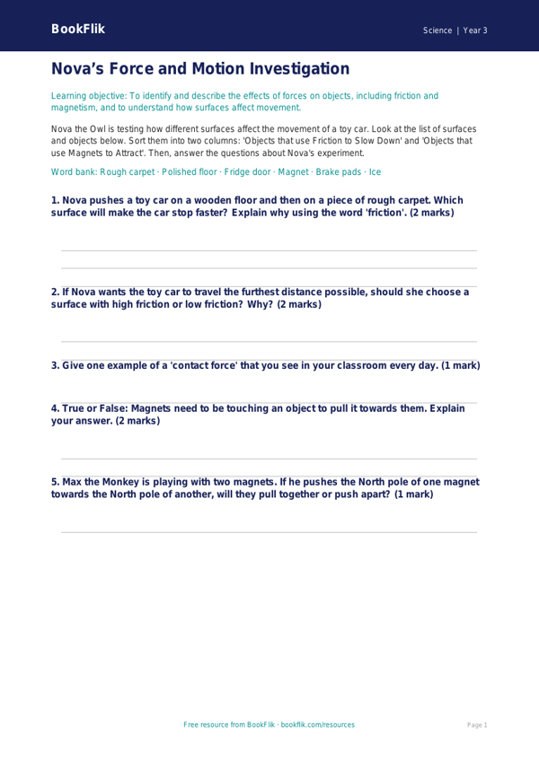 Free Forces Activity Sheet | Year 3 Core | BookFlik worksheet preview — Science Forces