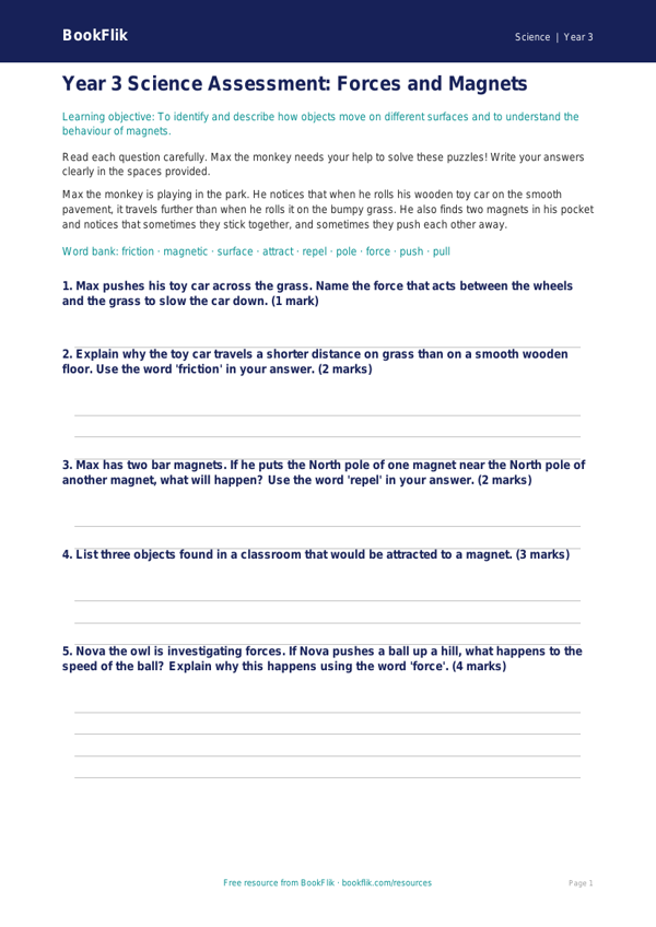 Free Forces Assessment | Year 3 Core | BookFlik worksheet preview — Science Forces