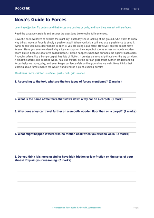 Free Forces Comprehension | Year 3 Core | BookFlik worksheet preview — Science Forces