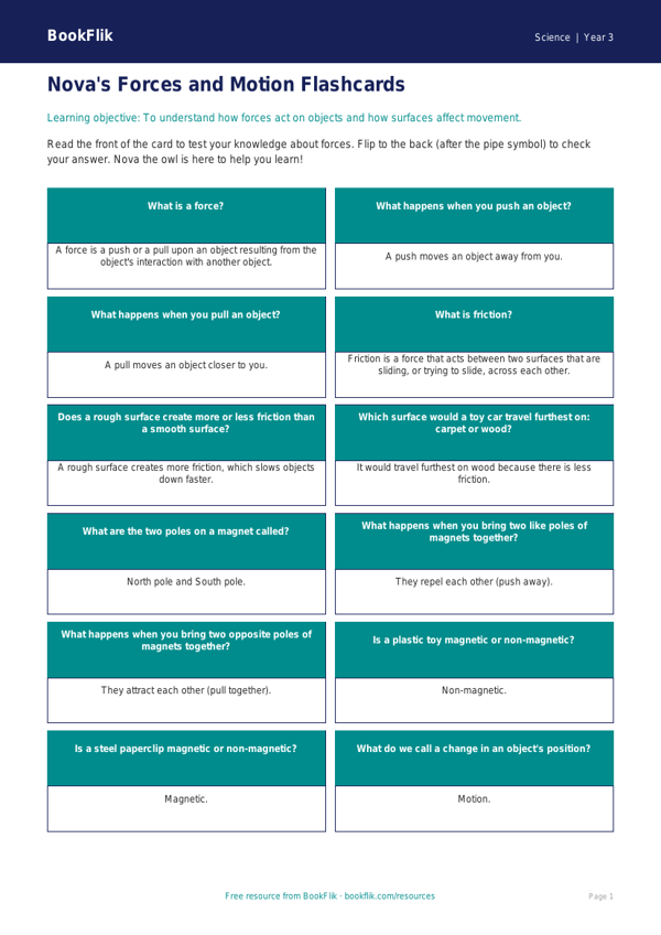Free Forces Flashcards | Year 3 Science Worksheet | BookFlik worksheet preview — Science Forces