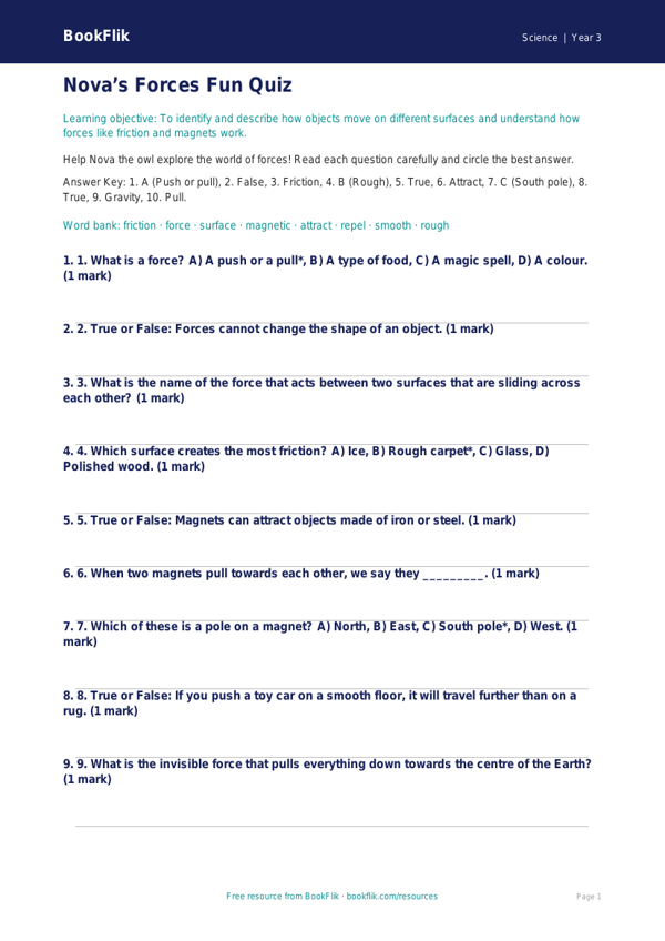 Free Forces Quiz | Year 3 Core | BookFlik worksheet preview — Science Forces
