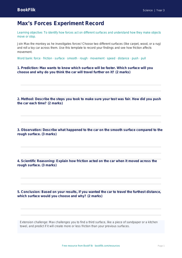 Free Forces Worksheet | Year 3 Science Template | BookFlik worksheet preview — Science Forces