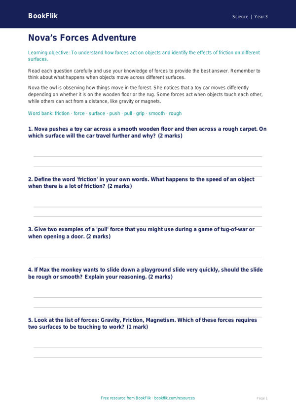 Free Forces Worksheet | Year 3 Core | BookFlik worksheet preview — Science Forces