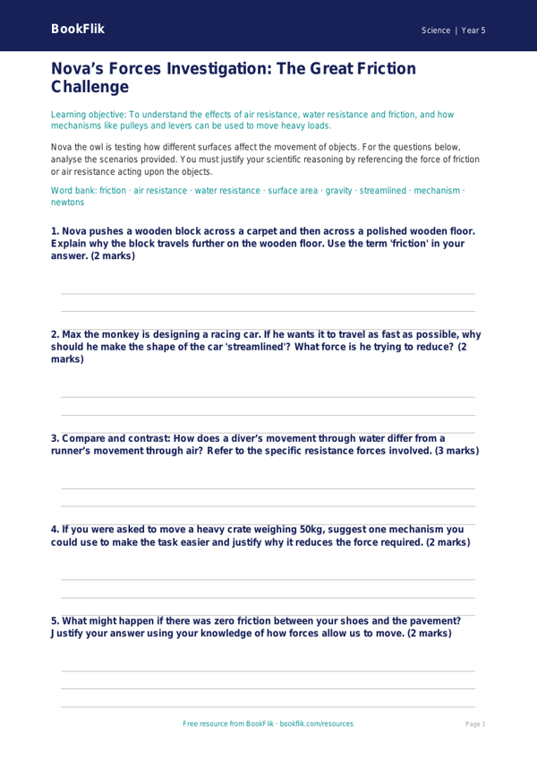 Free Forces Activity Sheet | Year 5 Greater Depth | BookFlik worksheet preview — Science Forces