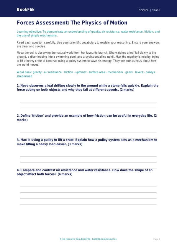 Free Forces Assessment | Year 5 Greater Depth | BookFlik worksheet preview — Science Forces