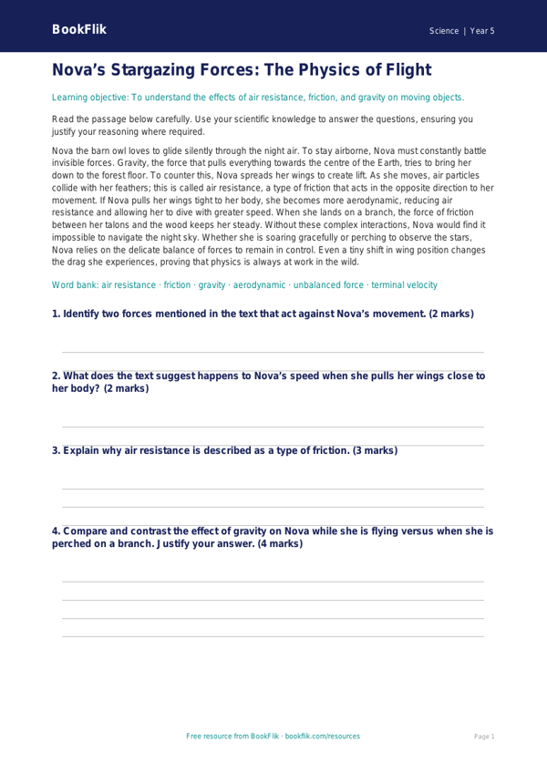 Free Forces Comprehension | Year 5 Greater Depth | BookFlik worksheet preview — Science Forces