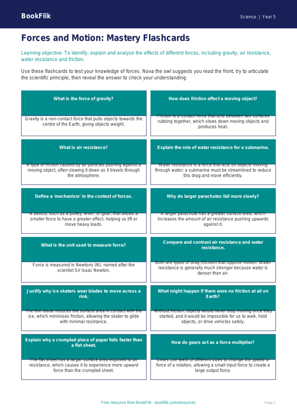 Free Forces Flashcards | Year 5 Greater Depth | BookFlik worksheet preview — Science Forces