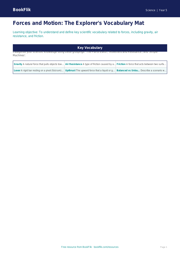 Free Forces Word Mat | Year 5 Greater Depth | BookFlik worksheet preview — Science Forces