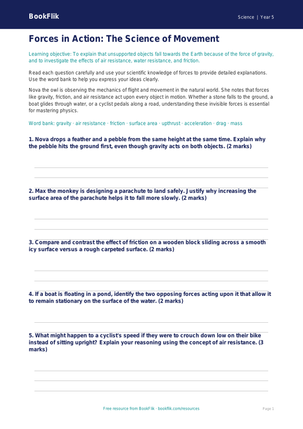 Free Forces Worksheet | Year 5 Greater Depth | BookFlik worksheet preview — Science Forces