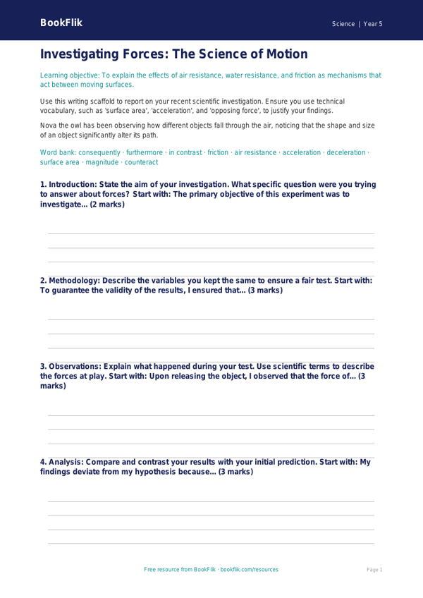 Free Forces Writing Frame | Year 5 Greater Depth | BookFlik worksheet preview — Science Forces