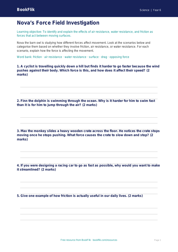 Free Forces Activity Sheet | Year 6 Core | BookFlik worksheet preview — Science Forces
