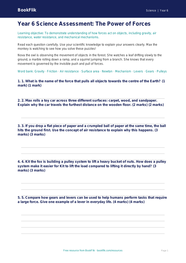 Free Forces Assessment | Year 6 Core | BookFlik worksheet preview — Science Forces