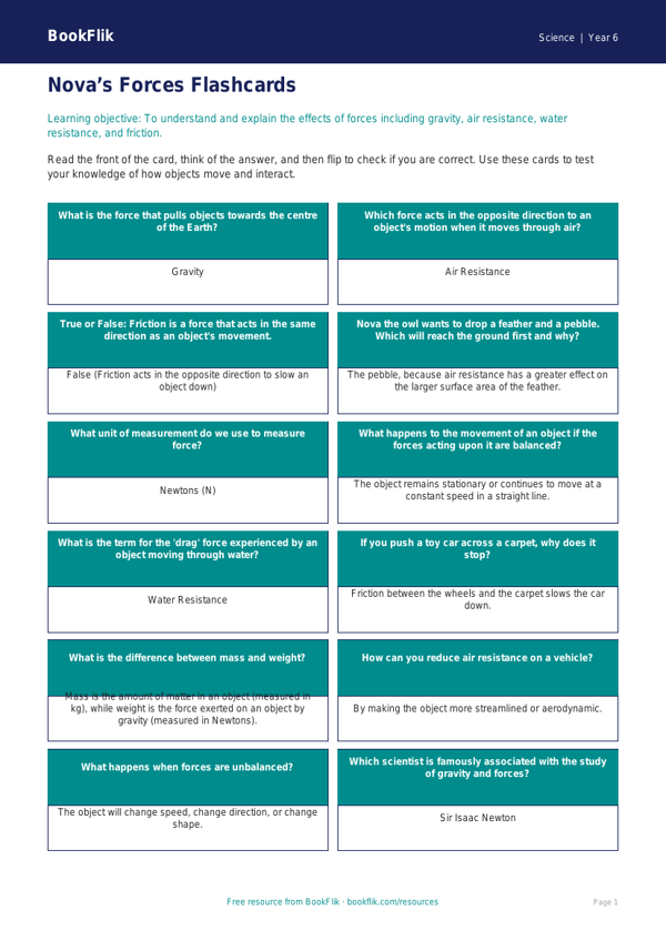 Free Forces Flashcards | Year 6 Science Resources | BookFlik worksheet preview — Science Forces