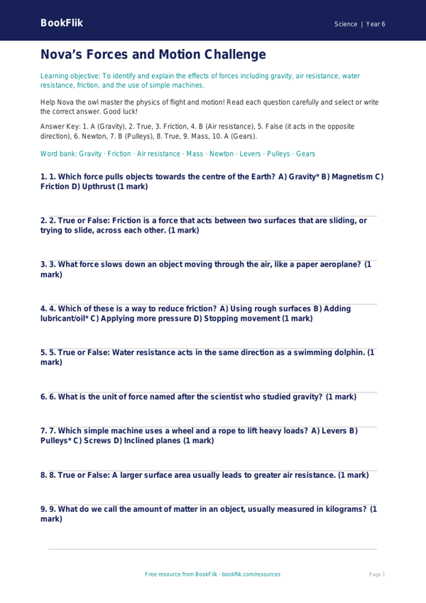 Free Forces Quiz | Year 6 Science Worksheet | BookFlik worksheet preview — Science Forces