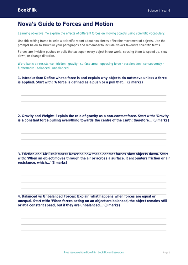 Free Forces Writing Frame | Year 6 Science Worksheet | BookFlik worksheet preview — Science Forces