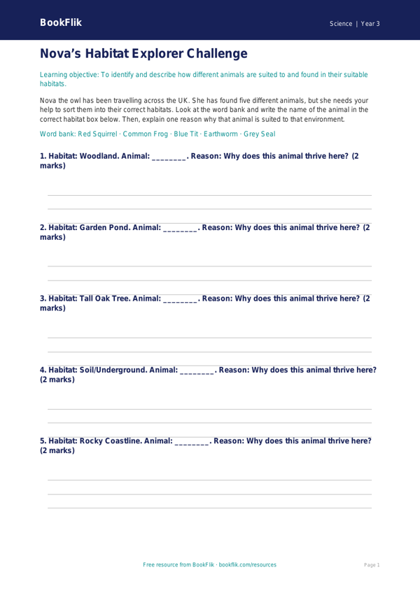Free Habitats Activity Sheet | Year 3 Core | BookFlik worksheet preview — Science Habitats
