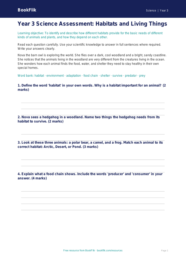 Free Habitats Assessment | Year 3 Core | BookFlik worksheet preview — Science Habitats