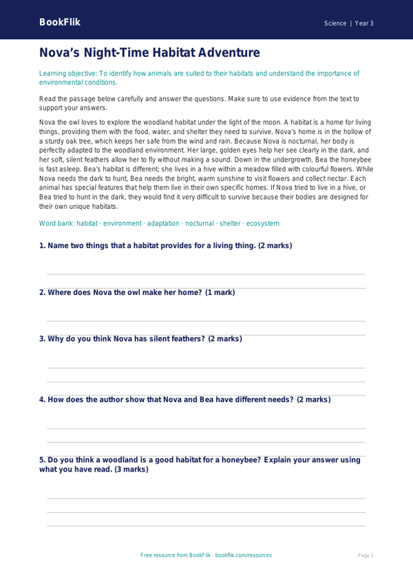 Free Habitats Comprehension | Year 3 Core | BookFlik worksheet preview — Science Habitats