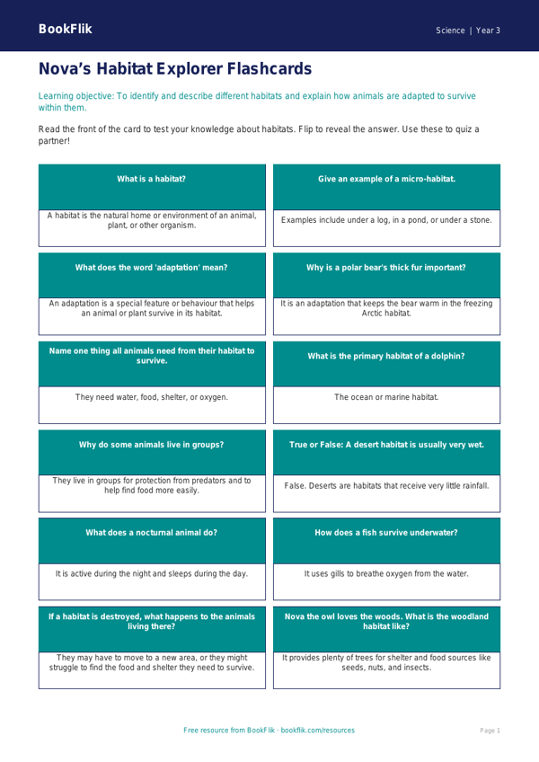 Free Habitats Flashcards | Year 3 Science Worksheet | BookFlik worksheet preview — Science Habitats