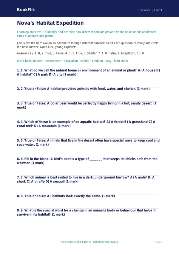 Free Habitats Quiz | Year 3 Core | BookFlik worksheet preview — Science Habitats