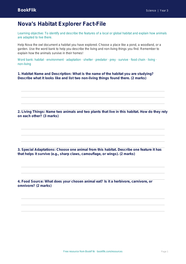Free Habitats Template | Year 3 Core | BookFlik worksheet preview — Science Habitats