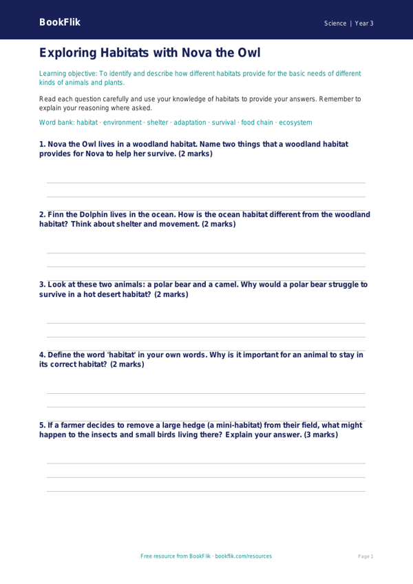 Free Habitats Worksheet | Year 3 Core | BookFlik worksheet preview — Science Habitats