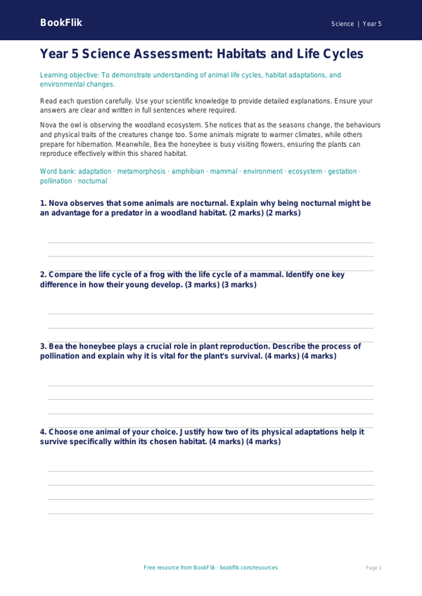 Free Habitats Assessment | Year 5 Greater Depth | BookFlik worksheet preview — Science Habitats