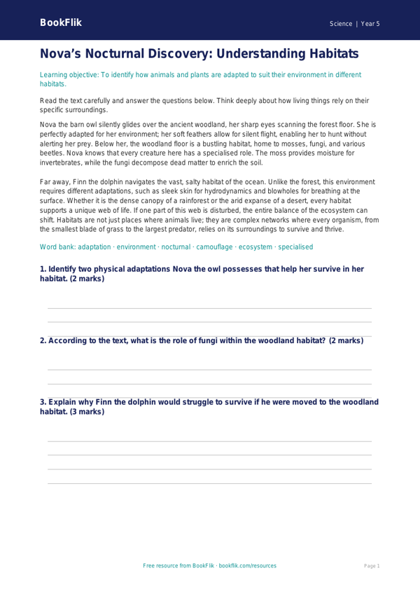 Free Habitats Comprehension | Year 5 Greater Depth | BookFlik worksheet preview — Science Habitats