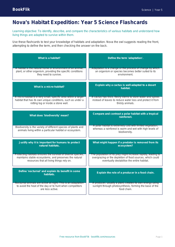 Free Habitats Flashcards | Year 5 Greater Depth | BookFlik worksheet preview — Science Habitats