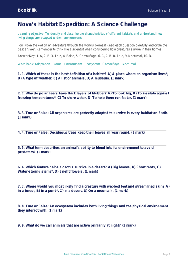 Free Habitats Quiz | Year 5 Greater Depth | BookFlik worksheet preview — Science Habitats