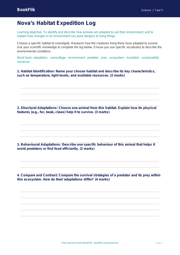 Free Habitats Template | Year 5 Greater Depth | BookFlik worksheet preview — Science Habitats