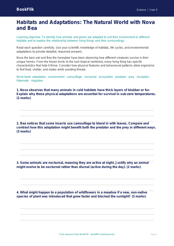 Free Habitats Worksheet | Year 5 Greater Depth | BookFlik worksheet preview — Science Habitats