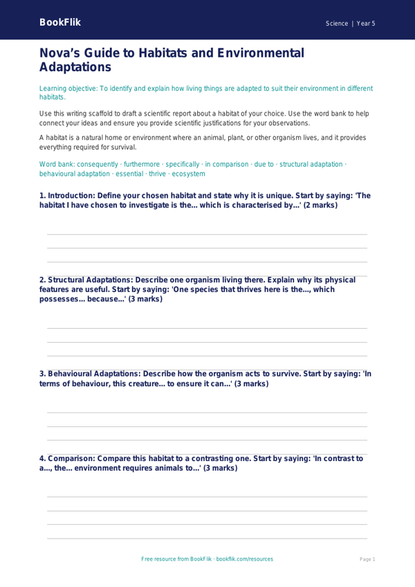 Free Habitats Writing Frame | Year 5 Greater Depth | BookFlik worksheet preview — Science Habitats