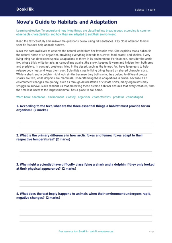 Free Habitats Comprehension | Year 6 Core | BookFlik worksheet preview — Science Habitats