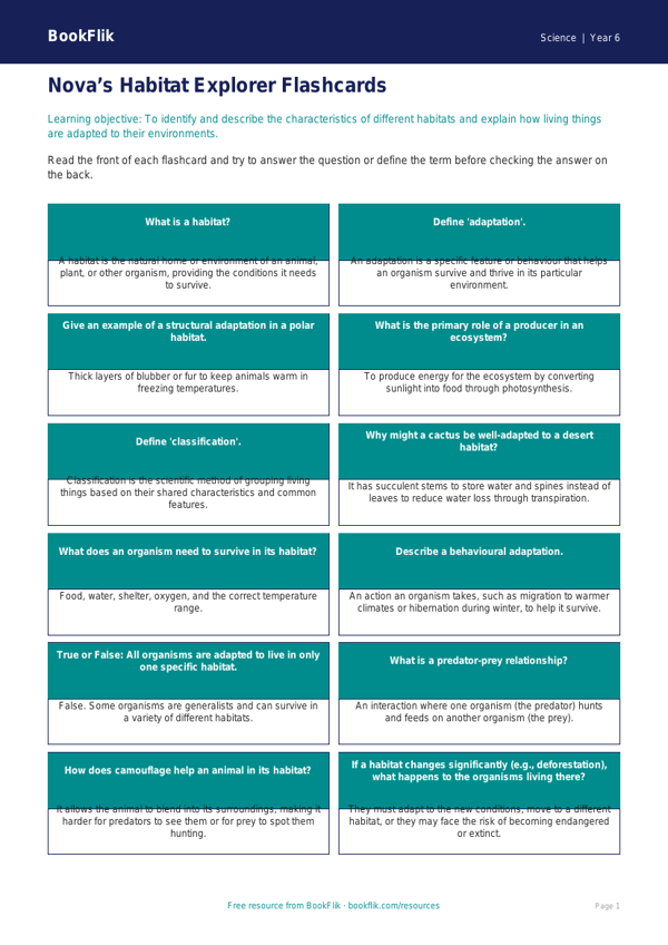 Free Habitats Flashcards | Year 6 Core | BookFlik worksheet preview — Science Habitats