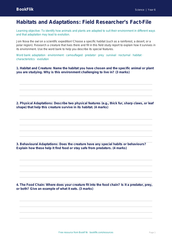 Free Habitats Template | Year 6 Core | BookFlik worksheet preview — Science Habitats