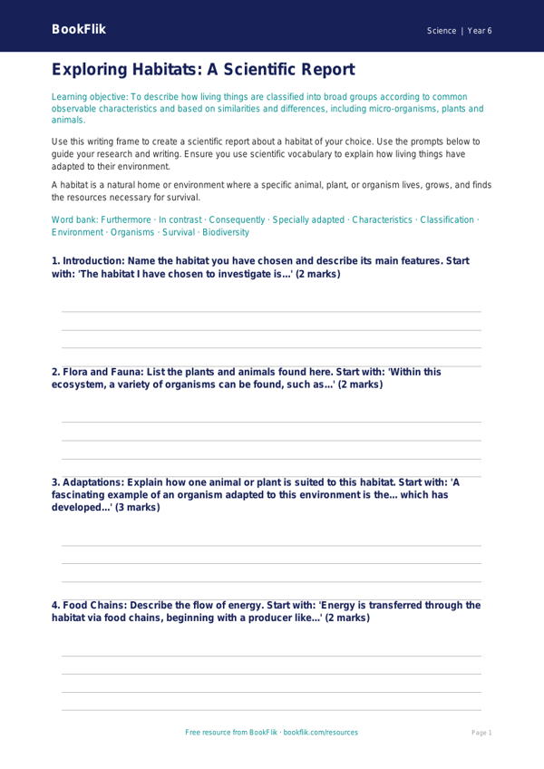 Free Habitats Writing Frame | Year 6 Core | BookFlik worksheet preview — Science Habitats