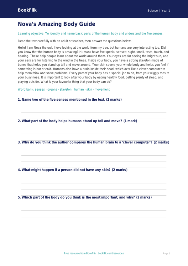 Free Human Body Comprehension | Year 1 Core | BookFlik worksheet preview — Science Human Body