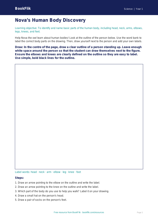 Free Human Body Drawing Sheet | Year 1 Core | BookFlik worksheet preview — Science Human Body