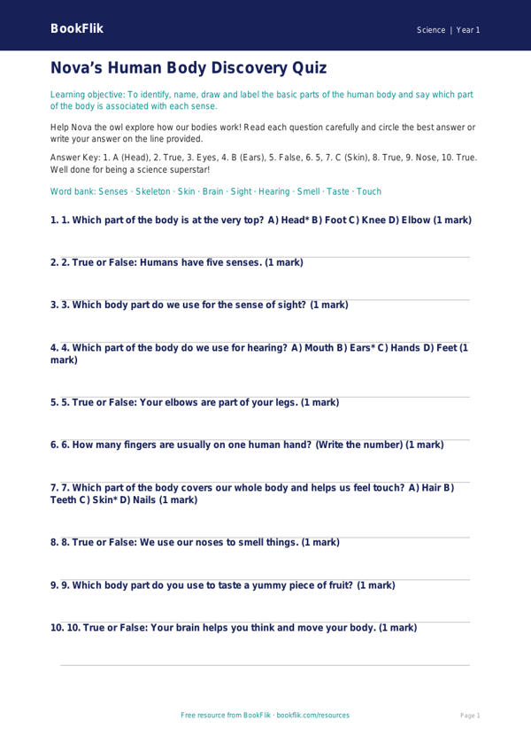 Free Human Body Quiz | Year 1 Core | BookFlik worksheet preview — Science Human Body