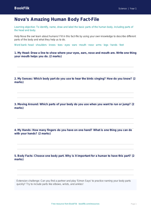 Free Human Body Template | Year 1 Core | BookFlik worksheet preview — Science Human Body