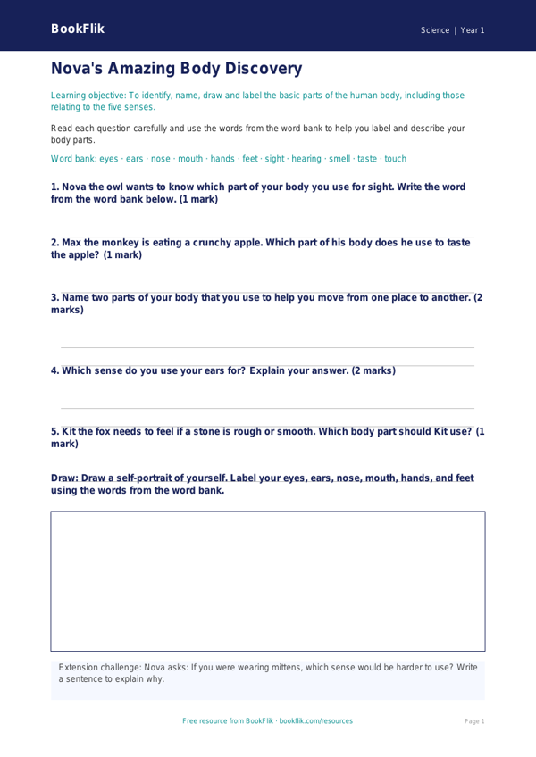 Free Human Body Worksheet | Year 1 Core | BookFlik worksheet preview — Science Human Body