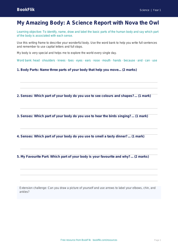 Free Human Body Writing Frame | Year 1 Core | BookFlik worksheet preview — Science Human Body