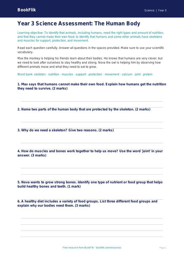 Free Human Body Assessment | Year 3 Core | BookFlik worksheet preview — Science Human Body
