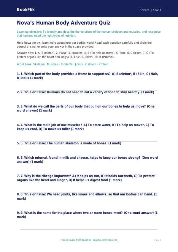 Free Human Body Quiz | Year 3 Core | BookFlik worksheet preview — Science Human Body
