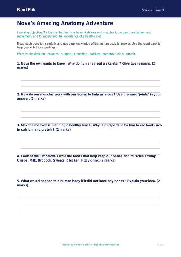 Free Human Body Worksheet | Year 3 Core | BookFlik worksheet preview — Science Human Body