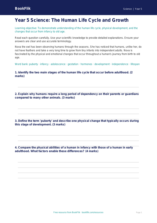 Free Human Body Assessment | Year 5 Greater Depth | BookFlik worksheet preview — Science Human Body