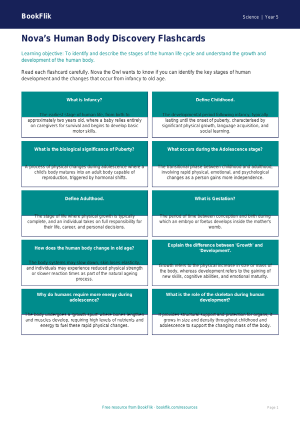 Free Human Body Flashcards | Year 5 Greater Depth | BookFlik worksheet preview — Science Human Body