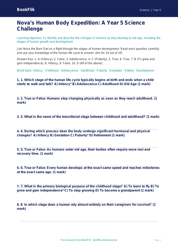 Free Human Body Quiz | Year 5 Greater Depth | BookFlik worksheet preview — Science Human Body